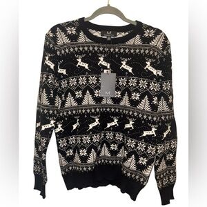 Magaschoni Women Black Ivory Fair Isle Reindeer Pine Tree Pullover Sweater